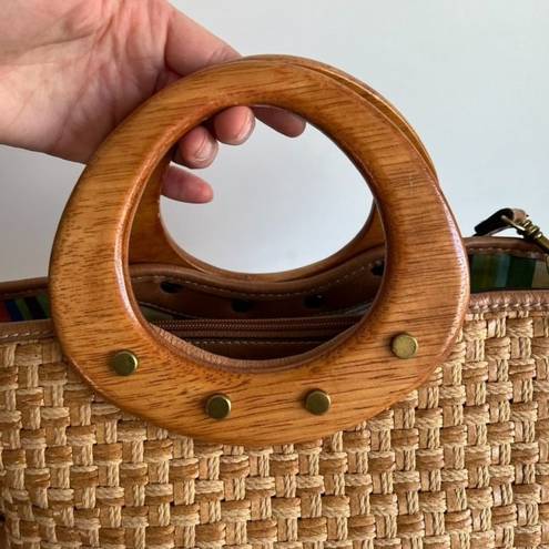 Fossil  Tan Woven Leather Wooden Top Handle Crossbody Medium Tote Bag