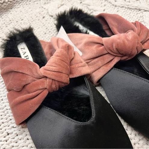 ZARA  NWT Satin Faux Fur Lined Mules Velvet Bow Detail Size‎ 37 SPECIAL EDITION