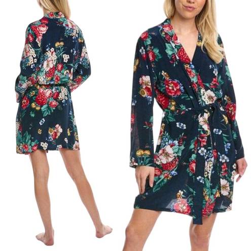 Johnny Was  Evelyn Silk Sleep Robe Floral Print Cozy Navy Blue Size XS