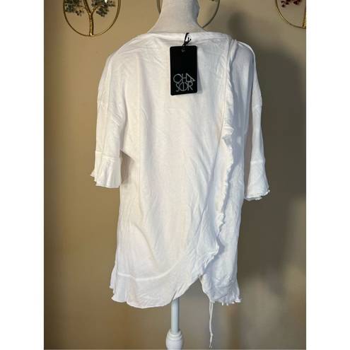 Chaser NWT!  White Ruffle Lettuce Hem Open Wrap Back Short Sleeve Top Medium