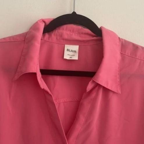 Blair  Pink 1/2 Sleeve Collared V Neck Button Down Blouse Semi Sheer