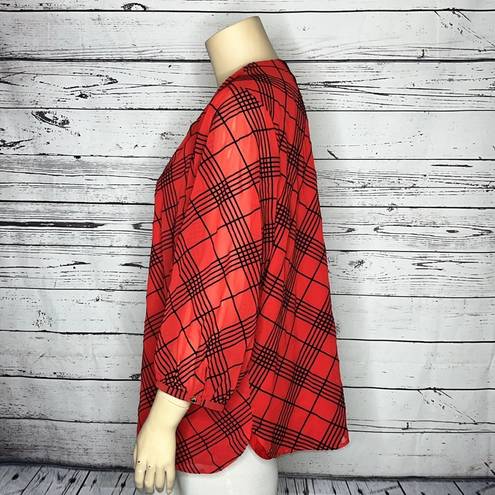 Calvin Klein  NWT Size 3X Red - Black Flocked Velvet Plaid Blouse Top