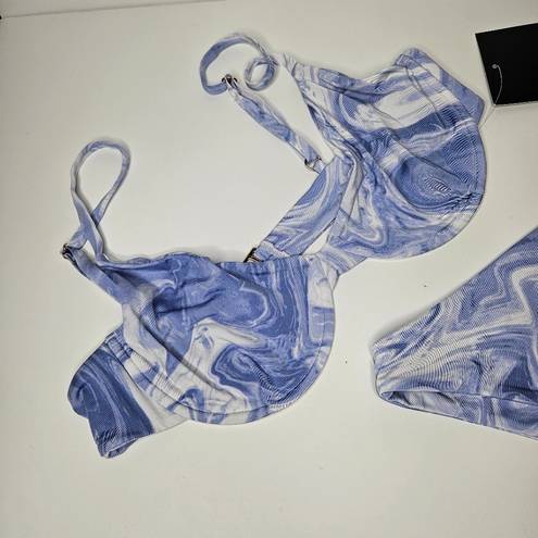 Naked Wardrobe  Swim Marbled Smoked Blue 2 pc Wired Bra High Wasted Bottom sz L​