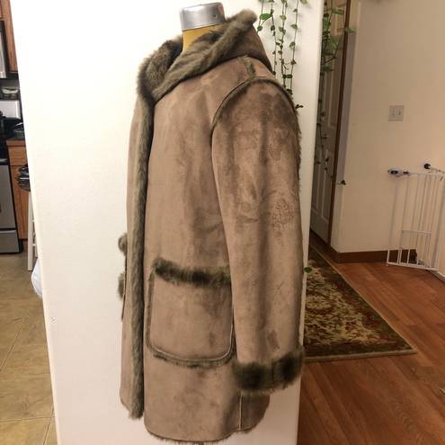 Dennis Basso Coat Reversible Faux Suede Fur Mink Brown Hooded