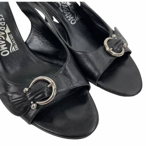 Salvatore Ferragamo  Black Gancini Slingback Sandals Peep Toe Size 7.5B