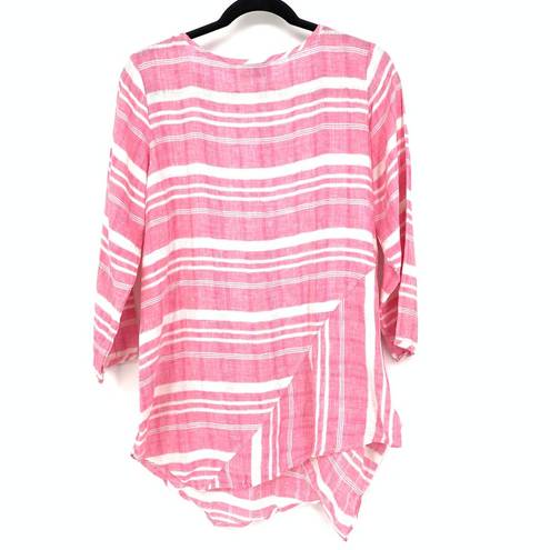 Habitat  Blouse Women's Size Small Linen Asymmetrical Hem Pink White Striped Top