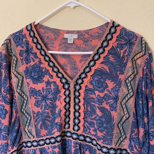 J.Jill  Pink Blue Floral Boho Tunic Peasant Blouse Size M