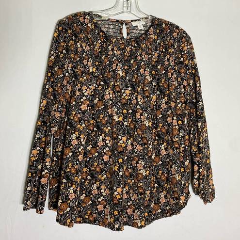 J.Jill  Petite Prairiecore Smocked Black Brown Floral Long Sleeve Blouse  SZ S