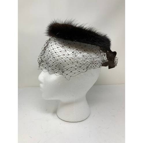 Pacific&Co Vintage G. Fox &  Fascinator Hat Brown Fur and Mesh Netting Bow Back