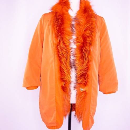 Vintage leather coat with fur trim, color orange Size XS