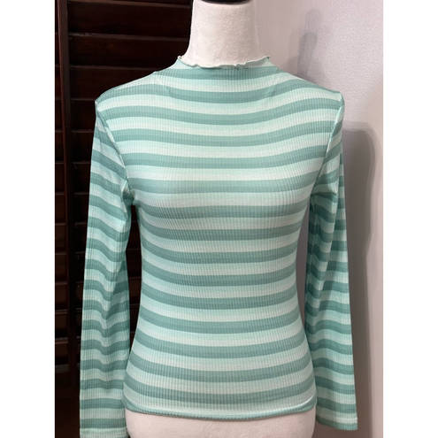 Edge Cali Be Womens Casual Top Blue Stripe Long Sleeve Mock Neck Lettuce  Rib M