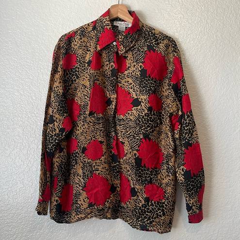 Oscar de la Renta  silk button down with abstract cheetah & floral print