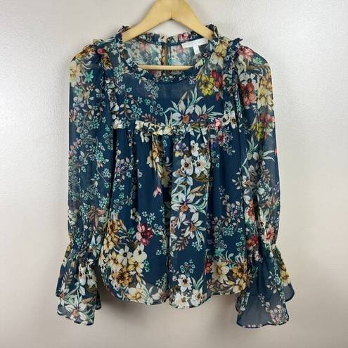 Anthropologie  Eri + Ali Velma Peasant Top Size Small Floral Blue Romantic Boho