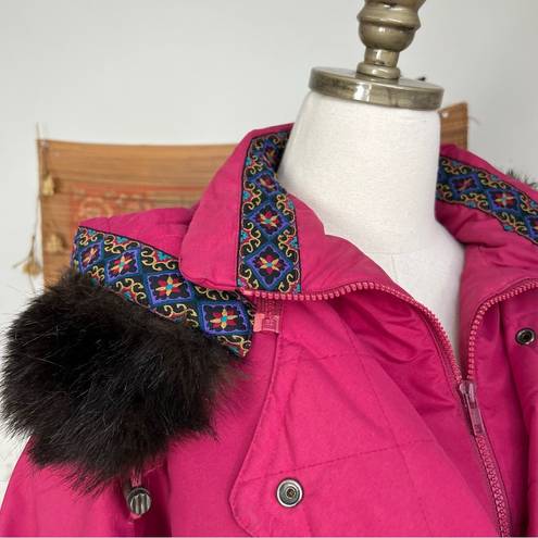 London Fog Vintage Folk Embroidered Puffer Coat with Faux Fur Hood Trim Medium