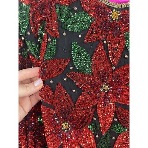 Laurence Kazar  New York Vintage Poinsettia Sequin Beaded Blouse Top Size Large