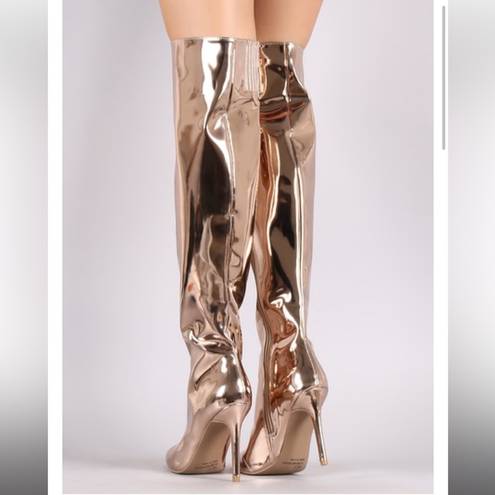 Qupid Gorgeous Rose Gold Metallic Mirror Pointy Toe Knee High Boots Size 5.5 NWOT NWOB