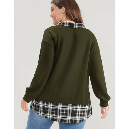 Bloomchic Sweatshirt w/ Plaid Hem and Collar Olive Size 18