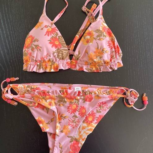 Aerie  pink floral triangle bikini, Size Small, removable pads, ruffles, beachy