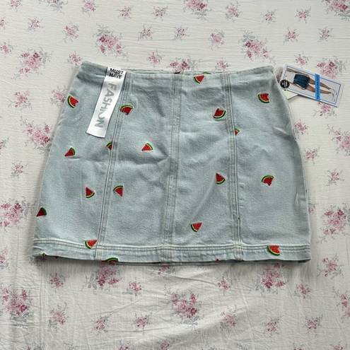 Tinseltown  Embroidered watermelons denim mini skirt light wash blue