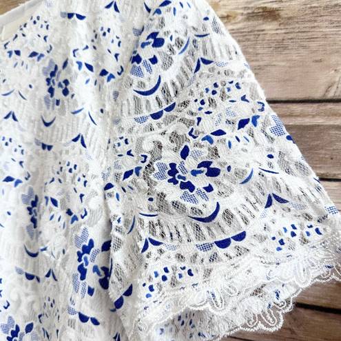 Sans Souci  Blue White Floral Lace Short Sleeve Mini Dress Size Small