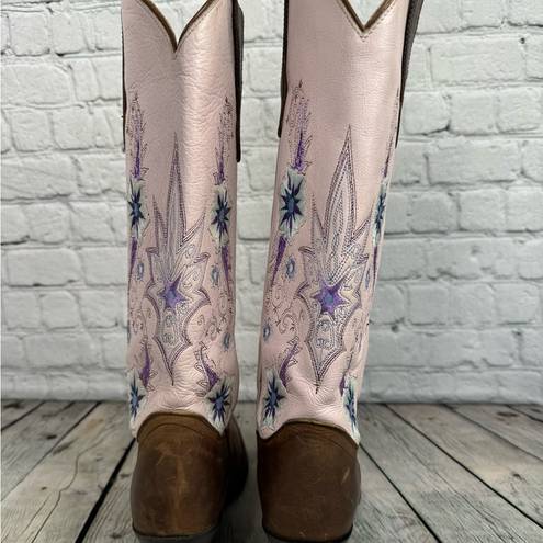 Double H Sonora Wedding Heeled Cowboy Boots Size 7.5 Embroidered Pink Brown