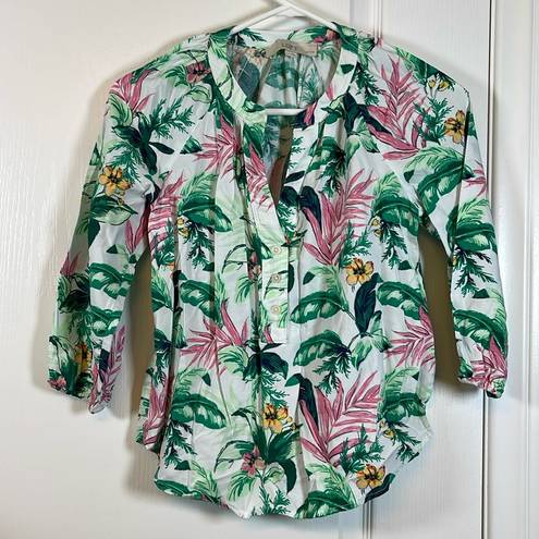 The Loft Petite Women's Tropical Flamingos Palm Trees White Casual Button Shirt XSP