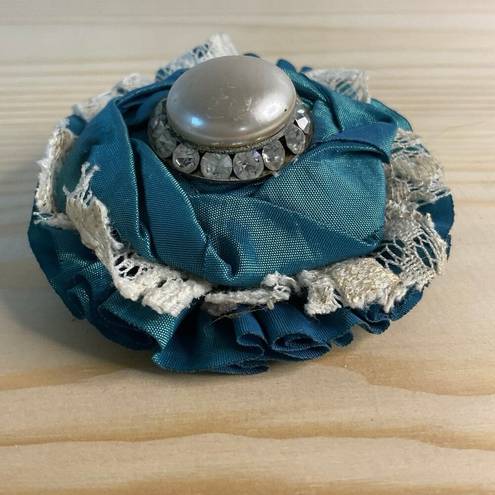 Vintage Blue  Satin Lace Silver Pearl Prom Corsage Brooch Pin