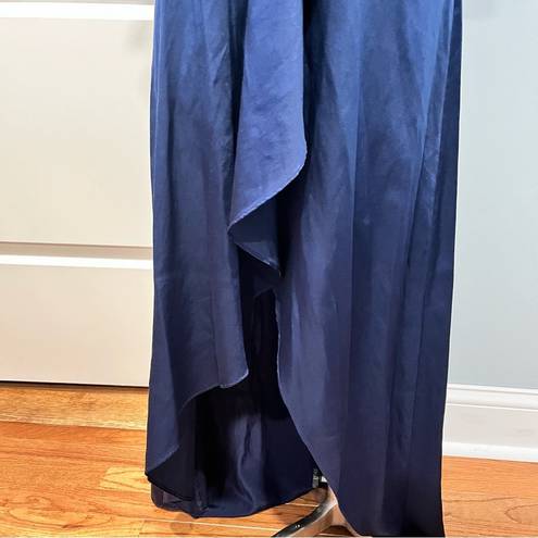 Alexis  Austyn 100% Silk Navy One Shoulder Ruffle Asymmetrical Maxi Gown Dress L
