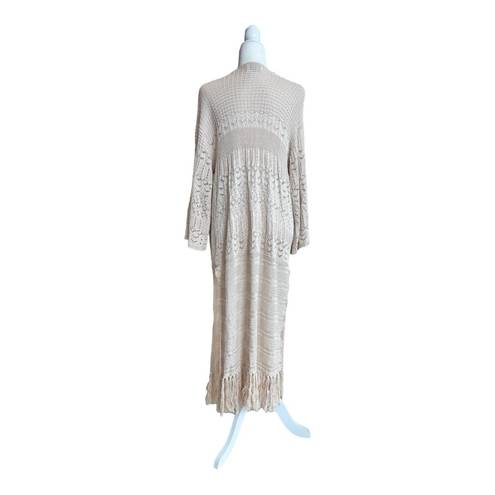 Lush Clothing LUSH Light Beige Long Sleeve Open Knit Fringe Trimmed Women Size S Long Cardigan