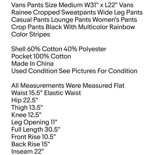  Pants Size Medium W31" x L22" Vans Rainee Cropped Sweatpants Wide Leg Pants Casual 