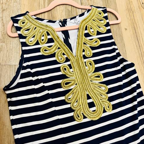 Crown & Ivy Women's Shift Dress Navy/White Stripe with Gold Accent sz Medium.