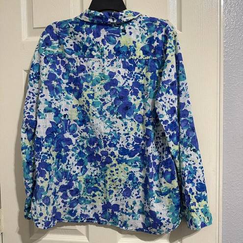 White Stag  Watercolor Long Sleeve Button Up Blouse Top Sz XL 16-18 Blue White