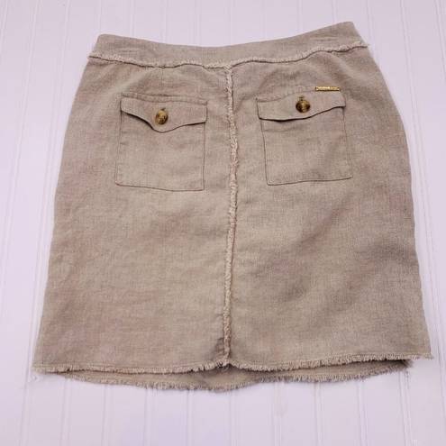 Michael Kors  Skirt Womans 6 Tan Raw Edge Linen Mini Pencil Faux Wrap Button