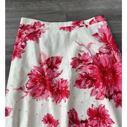 Coldwater Creek  White Pink Floral MIDI Skirt Size S Linen