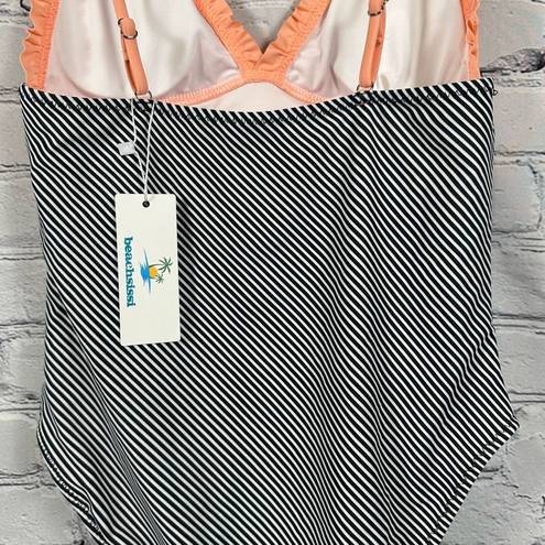 Beachsissi  One-Piece Swimsuit Peach Ruffled Black & White Stripes S (4-6) NWT