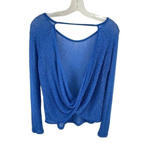 Paper Crane  Womens Long Sleeeve Blouse Top Sheer Open Back Stretch Blue Small