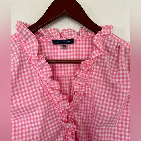 Tommy Hilfiger  Pink White Ruffle Gingham Button Up Blouse Women’s Size XL Plaid