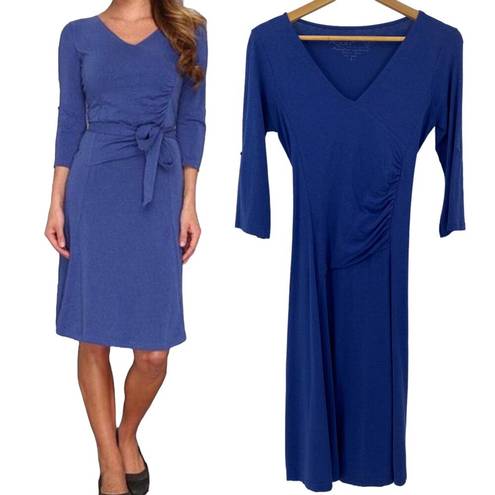 Kuhl  Organic Cotton Jersey Knit Salza Dress Ruched Bodice Tie Belt V Neck Blue S