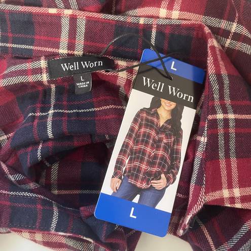 Well Worn NWT Red & Navy Blue Plaid Print Button Down Shirt