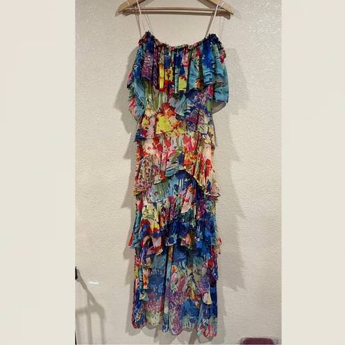 Badgley Mischka  Multi Floral High Low Flowy Tiered Maxi Dress