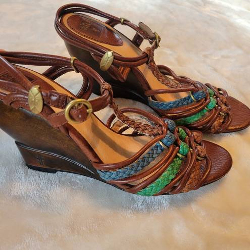 Frye  Colette Braided T-Strap Leather Sandal Wedge Size 9