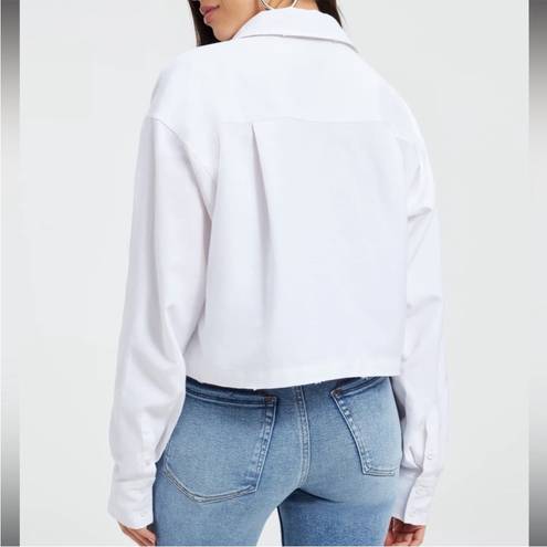 Good American  White Distressed Cropped Oxford Button-Down Shirt