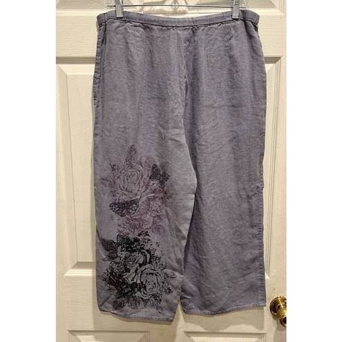 J.Jill  Wide Leg Cropped Pants 14 Chambray Blue  Purple Floral 100% Linen