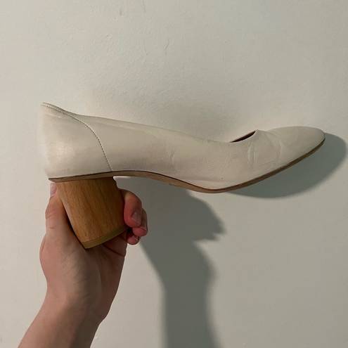 COS  Cream Leather Round Toe Wooden Heel Pumps