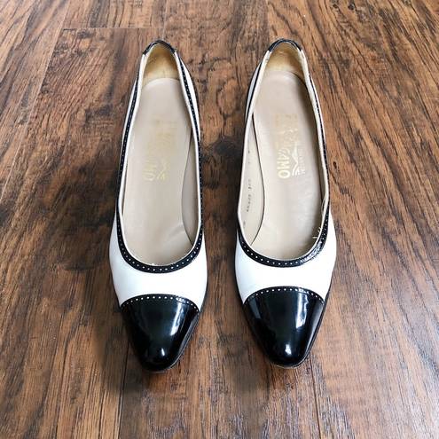 Salvatore Ferragamo Ferragamo • vintage heels pumps cap toe two tone black white patent leather