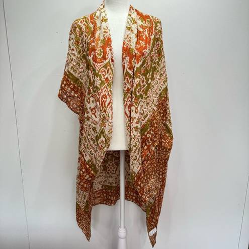 Avenue Zoe Rust Orange & Beige Boho Open Front Draped Kimono Wrap One Size