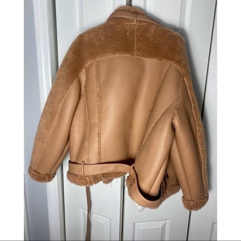 Missguided  Premium Brown Tan Borg Teddy Faux Leather Belted Aviator Jacket 14 XL