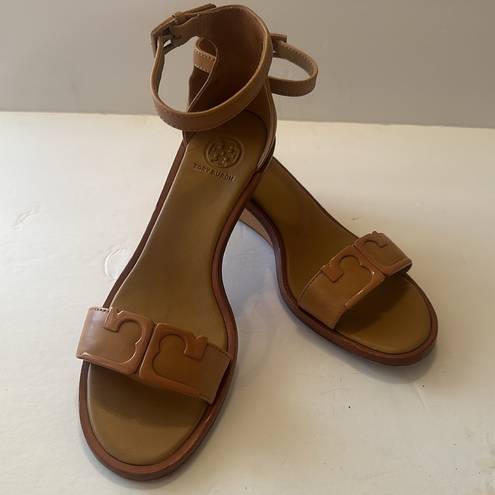 Tory Burch  Marcia WEDGW NEUTRAL TAN LEATHER Ankle Strap Small Wedge 7.5 M EUC