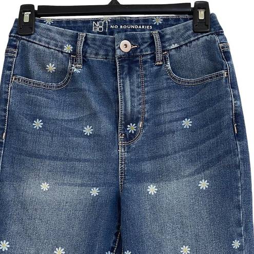 No Bo  Juniors SZ 7 Cuffed Crop Jeans High-Rise Floral Print Stretch Pockets Blue