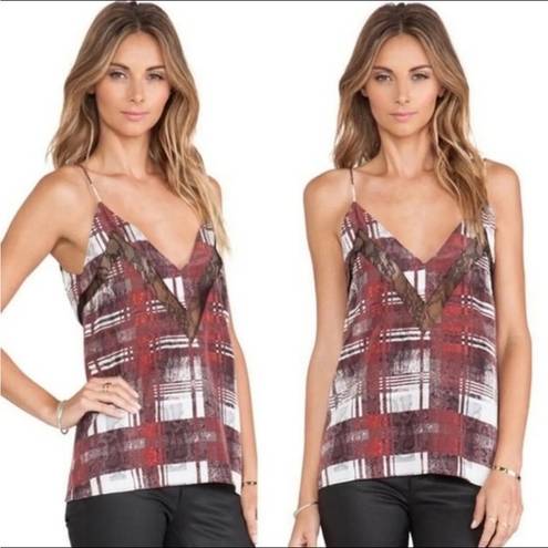Lovers + Friends  Camisole Tank Top Black Lace Red & Gray Plaid Print Size L